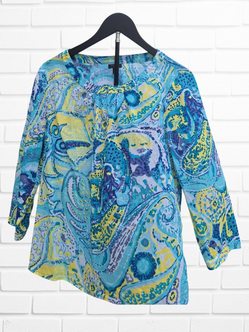 Talbots Paisley Blouse 14P Blue Yellow Pleated Pullover 3/4 Sleeve Top Cotton